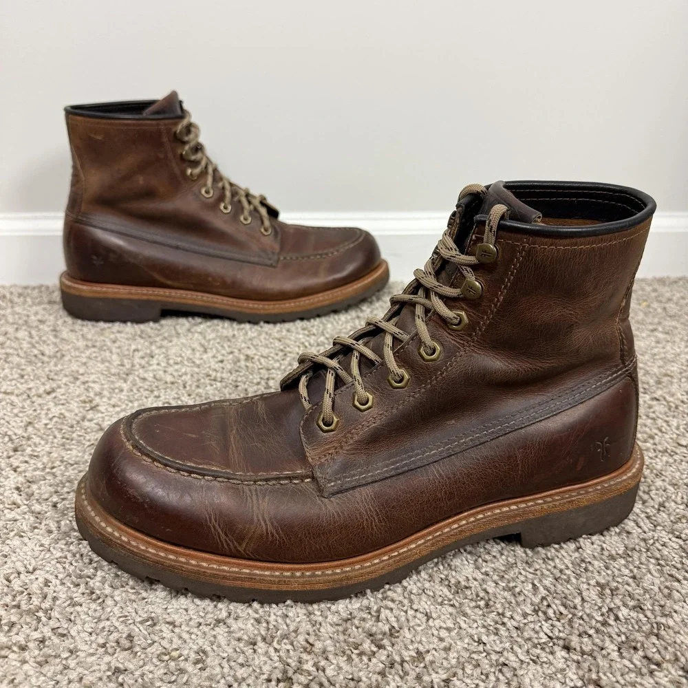 Frye Dakota Boots Mens Size 10.5 Brown Leather Mid Lace Moc Toe Lug Sole